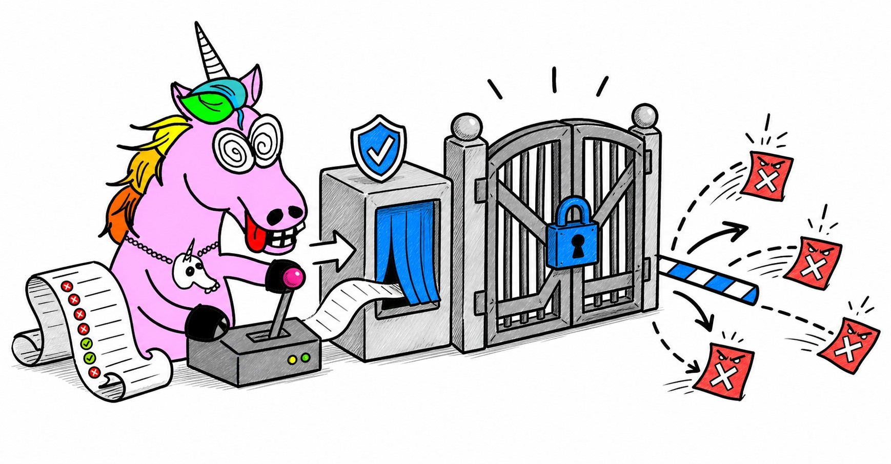 Une licorne Geekeries protège Nginx Proxy Manager avec un bouclier Fail2ban devant des requêtes rejetées