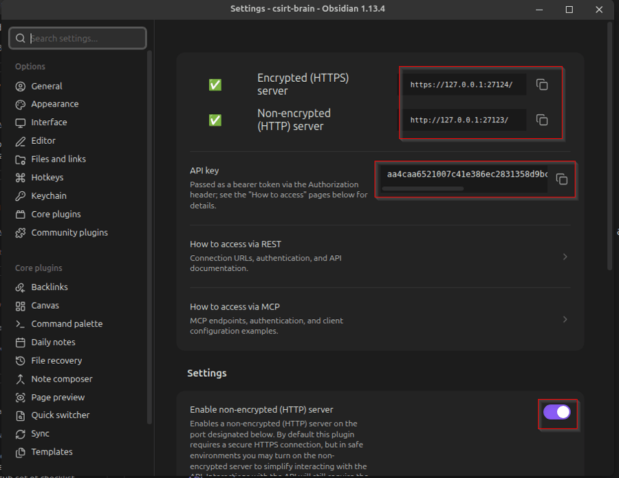 Local REST API plugin settings for configuring access to the Obsidian vault.