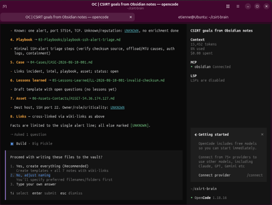OpenCode presenting the proposed incident notes and asking for confirmation before writing them to the vault.