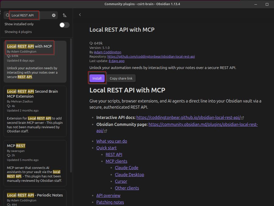 Obsidian community plugin search showing Local REST API with MCP and its Install button.