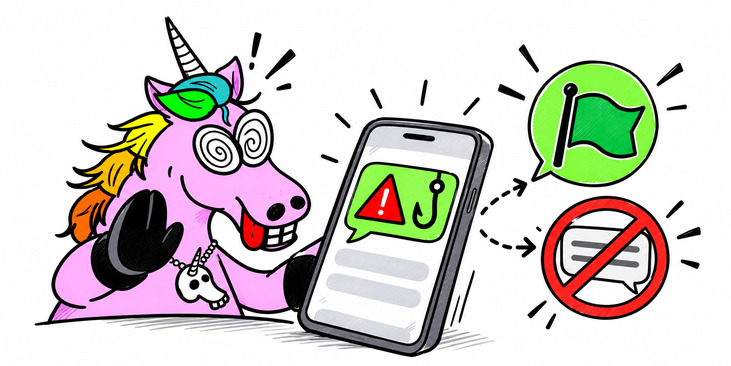Face à un scam WhatsApp ou SMS, la licorne Geekeries fait un geste d’arrêt devant les symboles de signalement et de blocage.